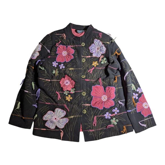 Vintage Jackets & Blazers - Vtg 1990s Indigo Moon Black Pink Floral Applique Mandarin Collar Jacket Sz M